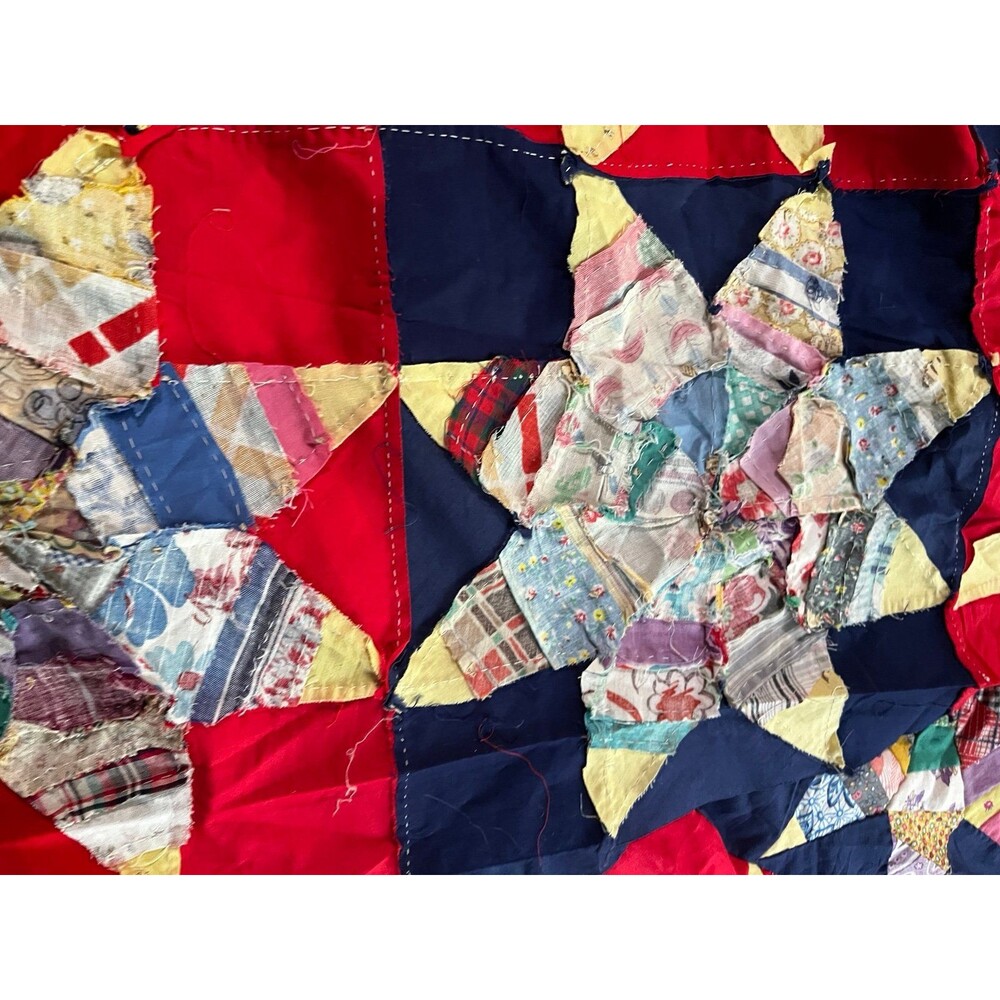 Vintage Handstitched Quilt Topper Red Navy Star Pattern Cottage core 82” x 71” - Picture 7 of 11